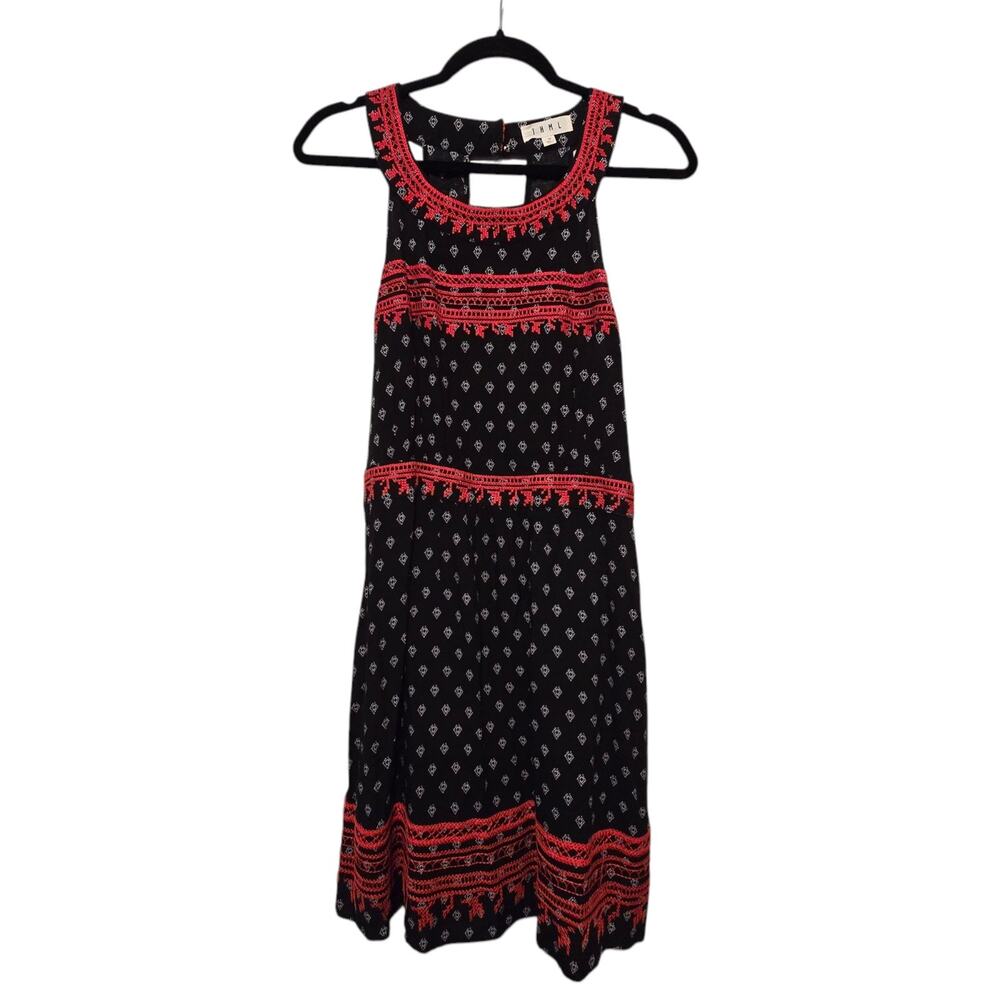 THML Womens Sleeveless Dress MED Open Back Embroidered‎ Black Red Boho Cottage